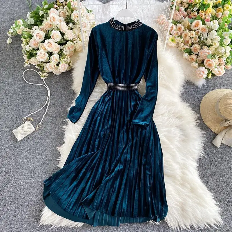 2021 Spring Autumn New Women Fashion Elegant O-neck Gold Velvet Dress Long Sleeve Slim Pleated Party Dresses Vestidos Y598
2021 Spring Autumn New Women Fashion Elegant O-neck Gold Velvet Dress Long Sleeve Slim Pleated Party Dresses Vestidos Y598