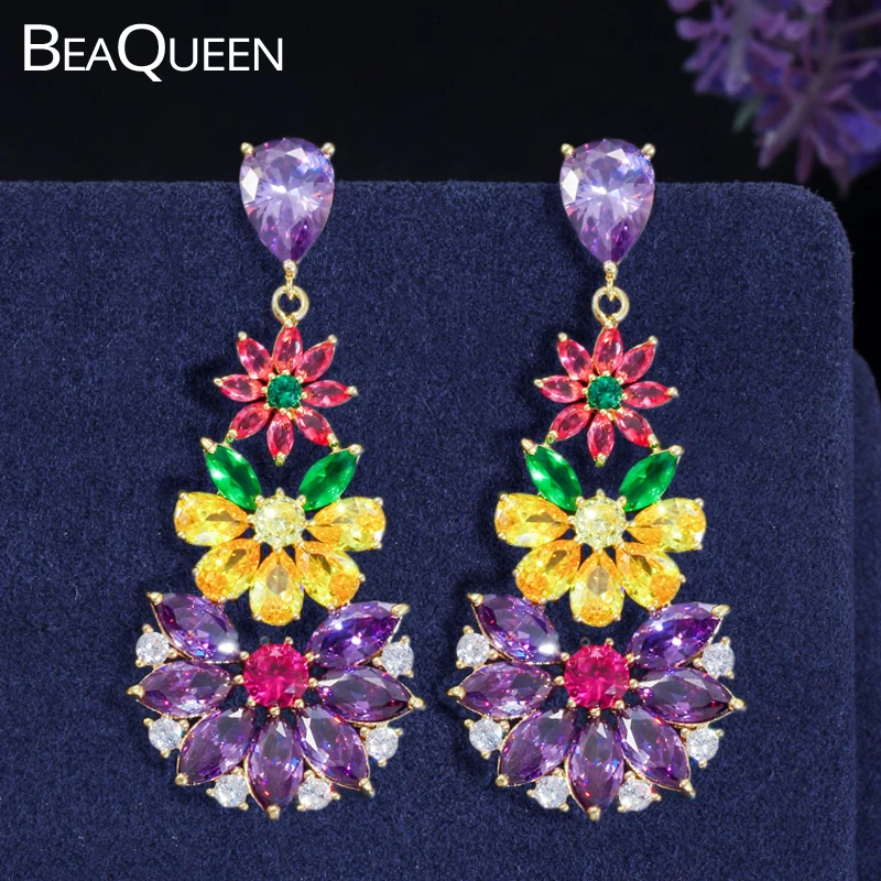 BeaQueen New Yellow Purple Red Colorful Cubic Zircon Crystal Long Flower Drop Gold Color Earrings for Women Bohemia Jewelry E316
BeaQueen New Yellow Purple Red Colorful Cubic Zircon Crystal Long Flower Drop Gold Color Earrings for Women Bohemia Jewelry E316