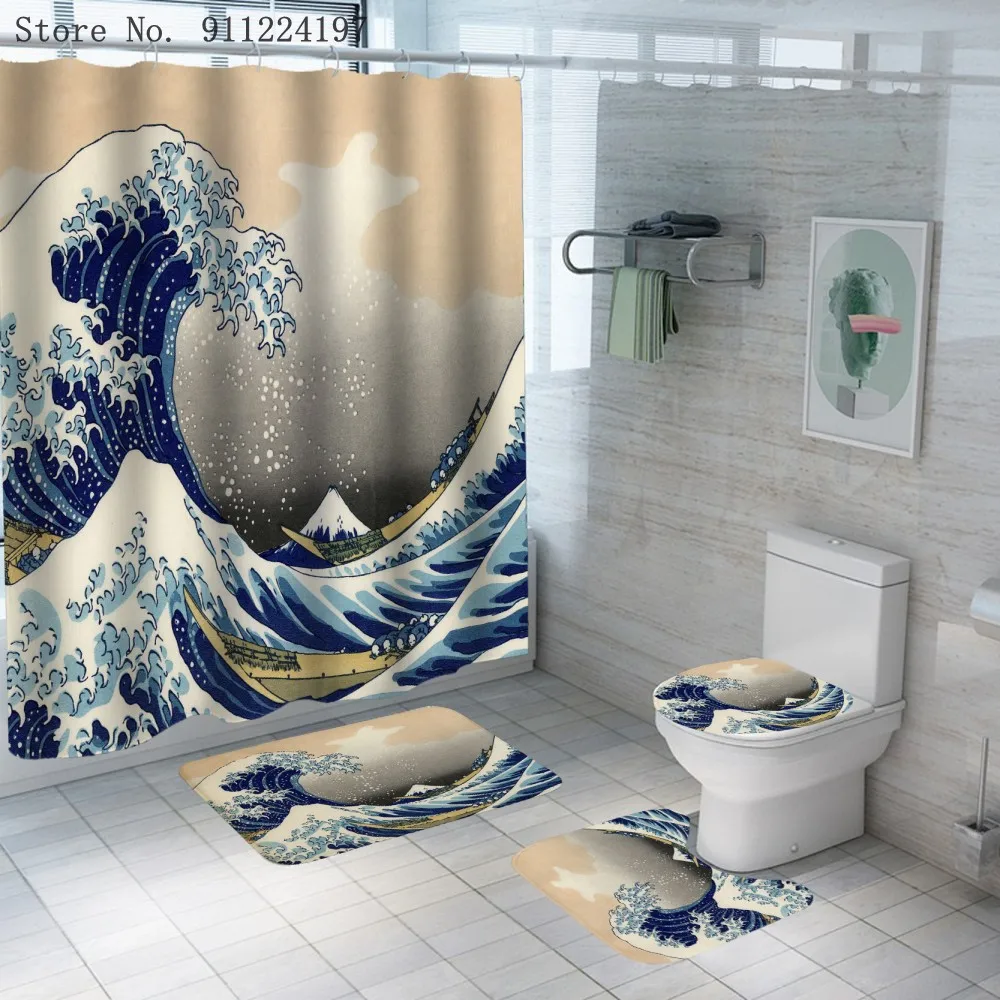 Japanese Style Waterproof Fabric Bathroom Sea Wave Pattern Shower Curtain Set With Non Slip Toilet Cover Rugs Mat Home Decor
Japanese Style Waterproof Fabric Bathroom Sea Wave Pattern Shower Curtain Set With Non Slip Toilet Cover Rugs Mat Home Decor