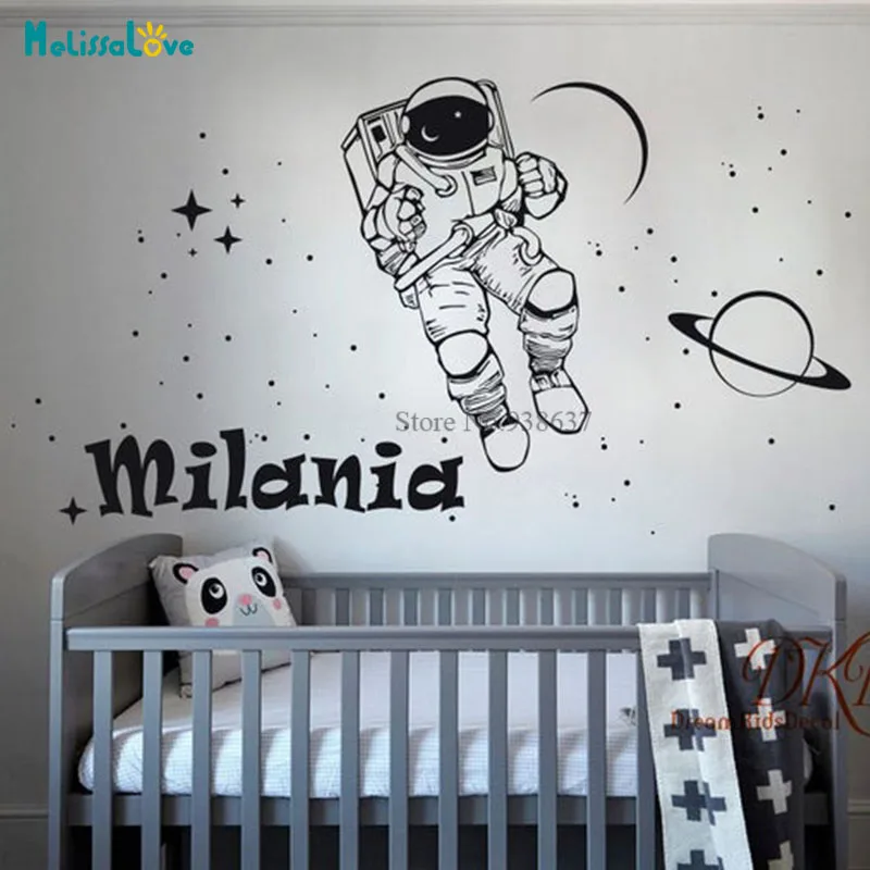 

Outer Space Cosmonaut Astronaut Nursery Baby Room Playroom Decal Spaceman Custom Name Decor Removable Vinyl Wall Sticker BD173