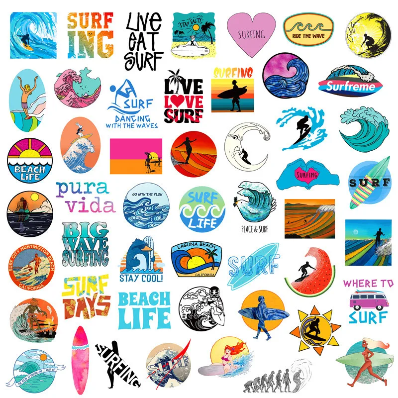 50 pcs / Pack Stickers Summer surf beach sticker For Children On The Laptop Fridge Phone Skateboard Suitcase Funny Cool Sticker | Игрушки и