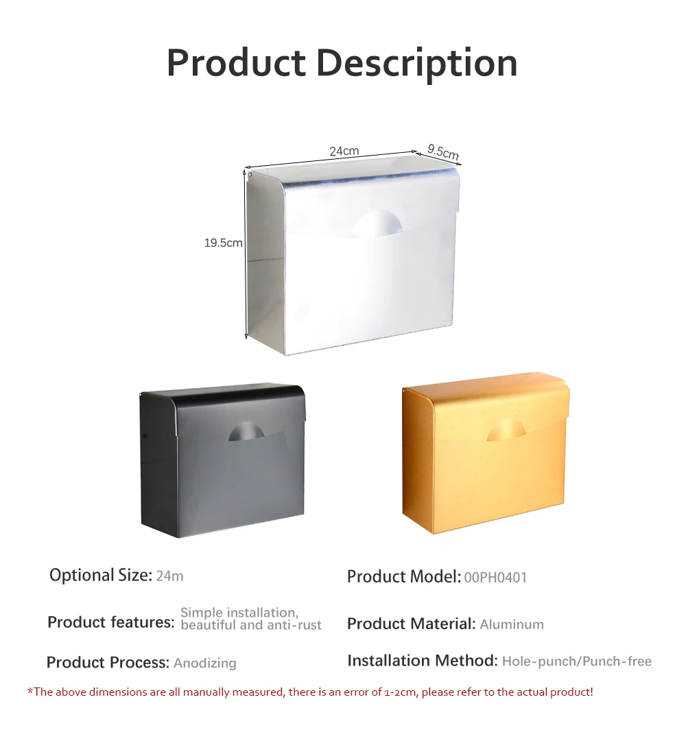 Toilet Paper Holders Square Dispenser Black Gold Aluminum Wall Mounted Tissue Tray Box Waterproof Bathroom Accessories 00PH0401
Toilet Paper Holders Square Dispenser Black Gold Aluminum Wall Mounted Tissue Tray Box Waterproof Bathroom Accessories 00PH0401