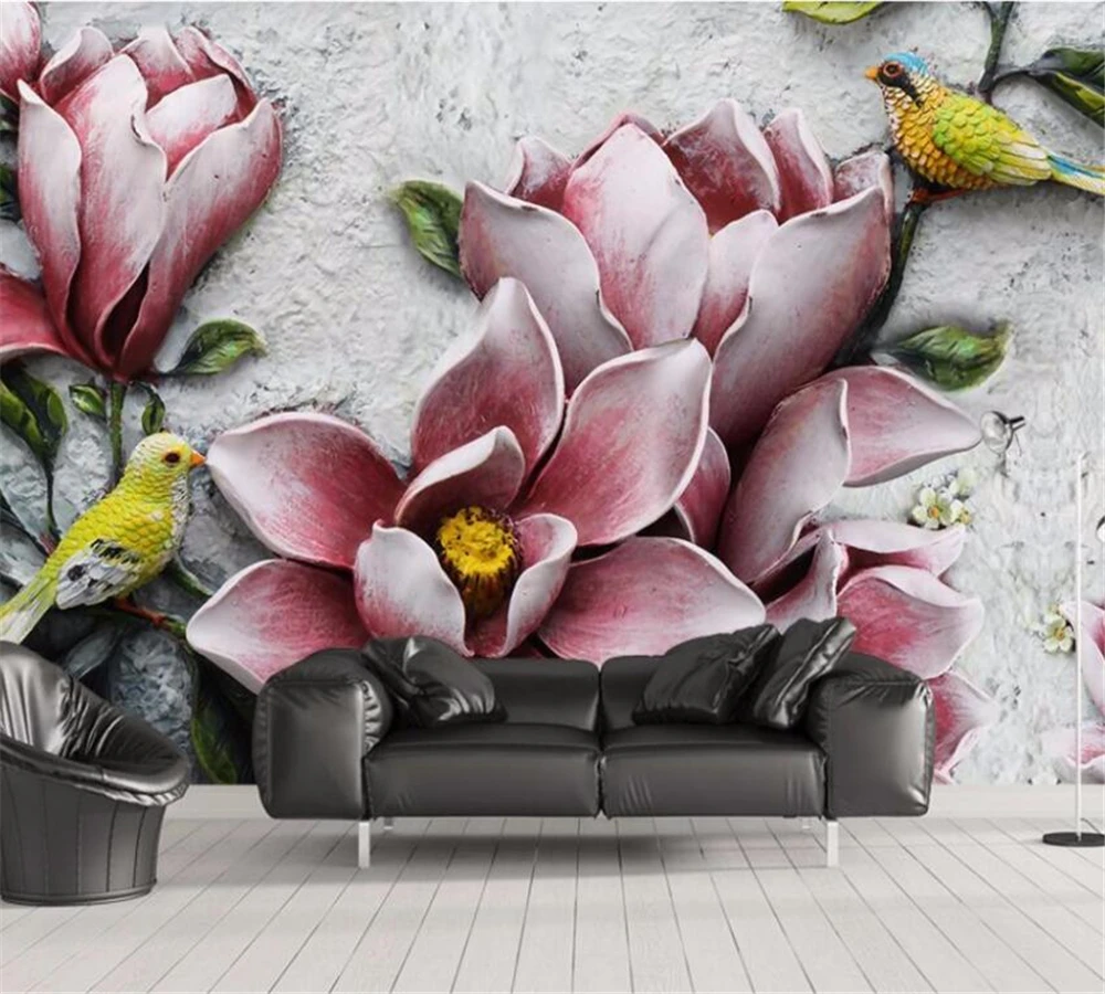 

beibehang Customize any size wallpaper mural photo 3D fashion magnolia flower elk forest bird relief living room background
