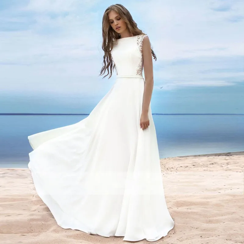 Elegant Boat Neck Wedding Dress 2021 Summer Chiffon Lace Sashes Design Bow Sleeveless Sweep Train Floor-Length Robe De Mariée
Elegant Boat Neck Wedding Dress 2021 Summer Chiffon Lace Sashes Design Bow Sleeveless Sweep Train Floor-Length Robe De Mariée