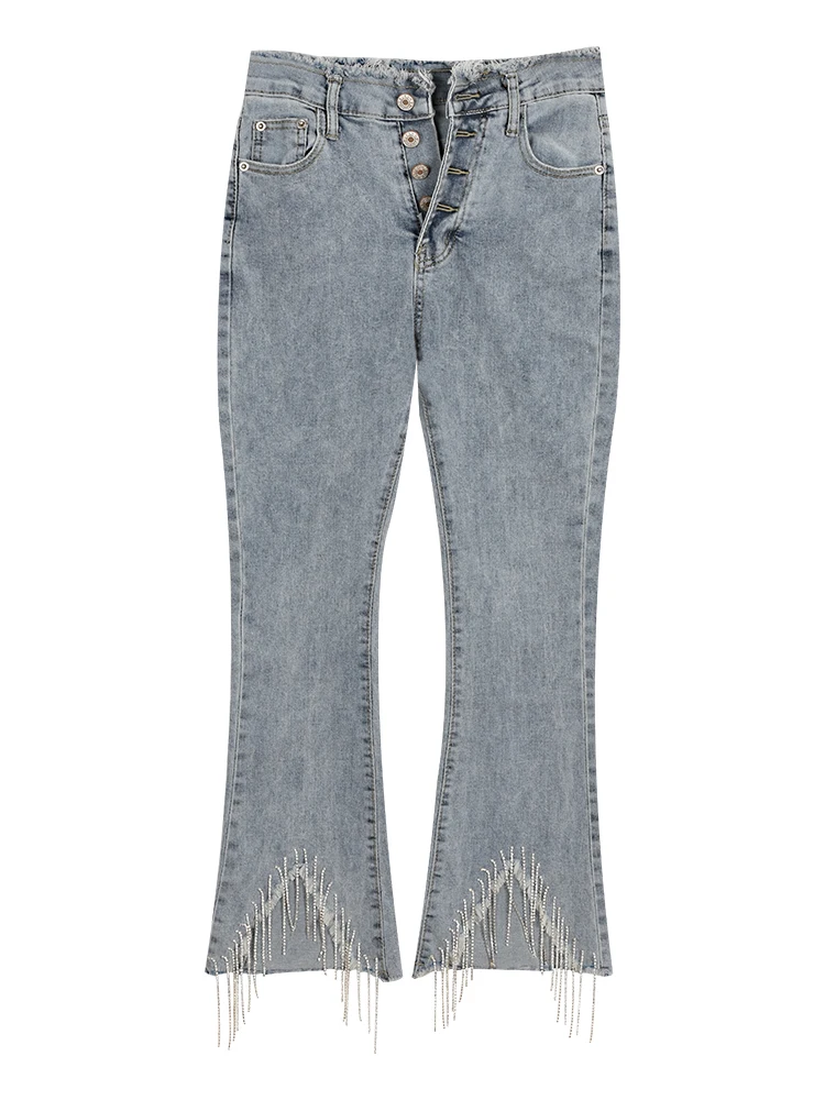 Diamond Tassel Denim Bell-Bottom Pants Women Temperament Elegant Cropped Trousers Slim Fit Burrs Flared Jeans Lady Light Blue
Diamond Tassel Denim Bell-Bottom Pants Women Temperament Elegant Cropped Trousers Slim Fit Burrs Flared Jeans Lady Light Blue