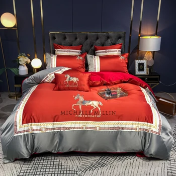 Luxury Europe Palace Bedding Set Breathable Satin Cotton Horse Embroidery Double Duvet Cover Bed Linen Pillowcases Home Textile