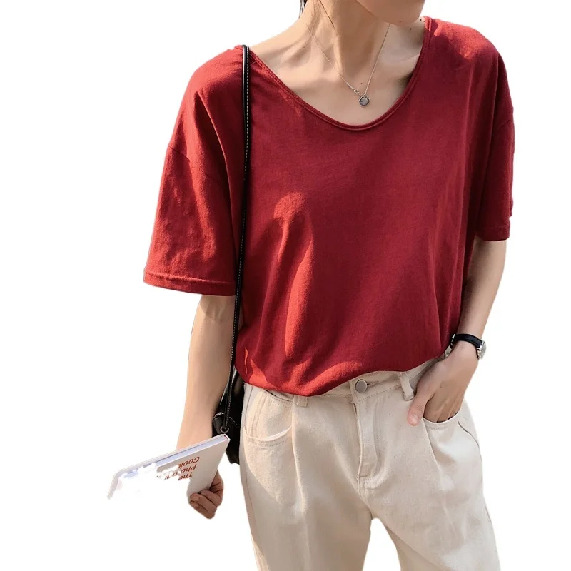 spring new V-neck short sleeve color Pullover bottomed T-shirt women's summer and Autumn befree couples matching Hot Sale Best 
spring new V-neck short sleeve color Pullover bottomed T-shirt women's summer and Autumn befree couples matching Hot Sale Best