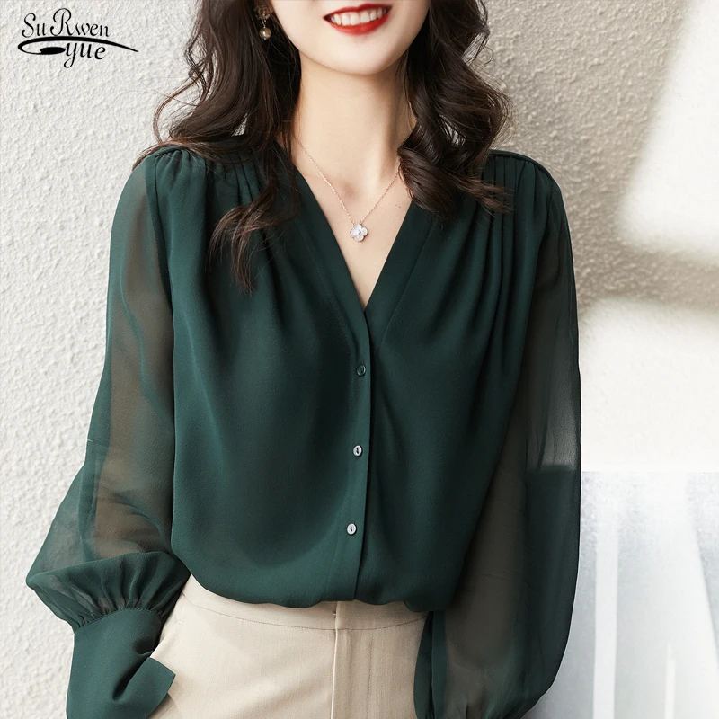 New Autumn Long Sleeve Chiffon Blouse Women Green Red Button Up Women's Shirt V Neck Loose Top Women Elegant Blusas 16105
New Autumn Long Sleeve Chiffon Blouse Women Green Red Button Up Women's Shirt V Neck Loose Top Women Elegant Blusas 16105