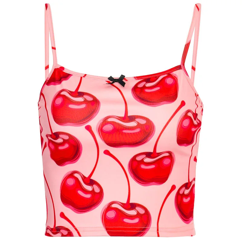 

2020 New Exposed Navel Camisole Cherry Print Bottoming Vest Women Sexy Tops Clothing Fashion Cropped Sleeveless Summer Tank Top