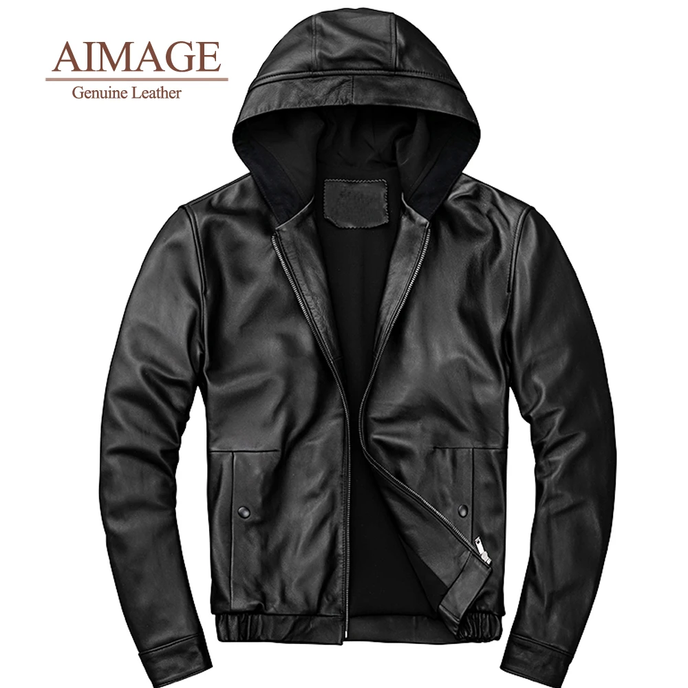 

2021 autumn new 100% real sheep skin leather Jacket men's simple hooded Genuine leather coat парка мужская PY053