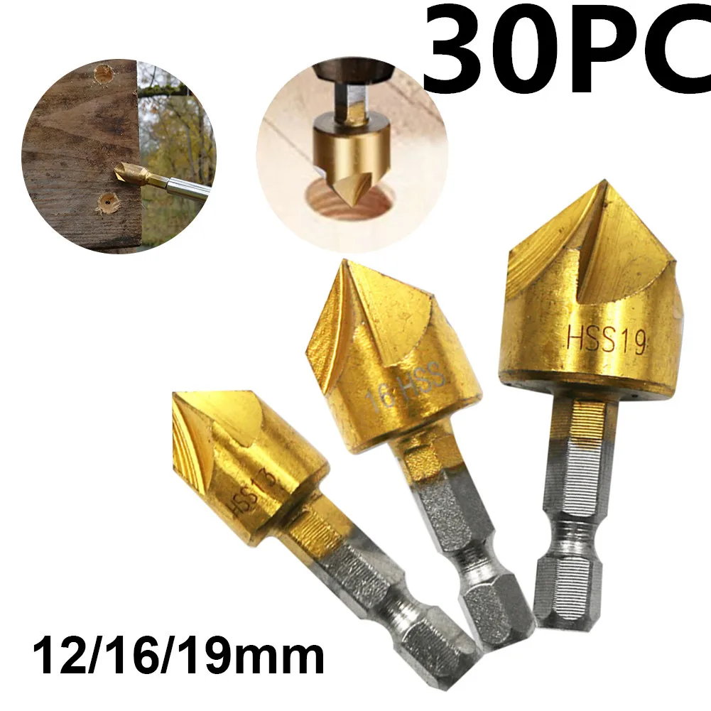 3/30PC Drill Bit Woodworking Tools 5 Flute Chamfer Countersink 1/4" Hex Shank HSS 90-degree Chamfering Cutter 12/16/19mm
3/30PC Drill Bit Woodworking Tools 5 Flute Chamfer Countersink 1/4" Hex Shank HSS 90-degree Chamfering Cutter 12/16/19mm