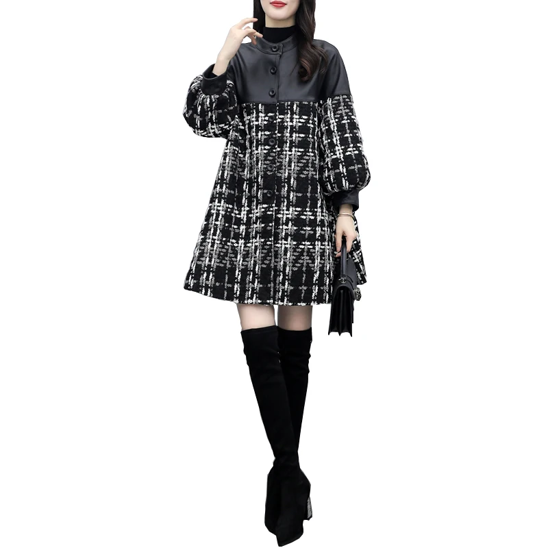 Autumn Winter Women Pu Leather Plaid Woolen Coat Patchwork Black Female Long Jackets Ladies Stand Collar Single Breasted Jackets
Autumn Winter Women Pu Leather Plaid Woolen Coat Patchwork Black Female Long Jackets Ladies Stand Collar Single Breasted Jackets