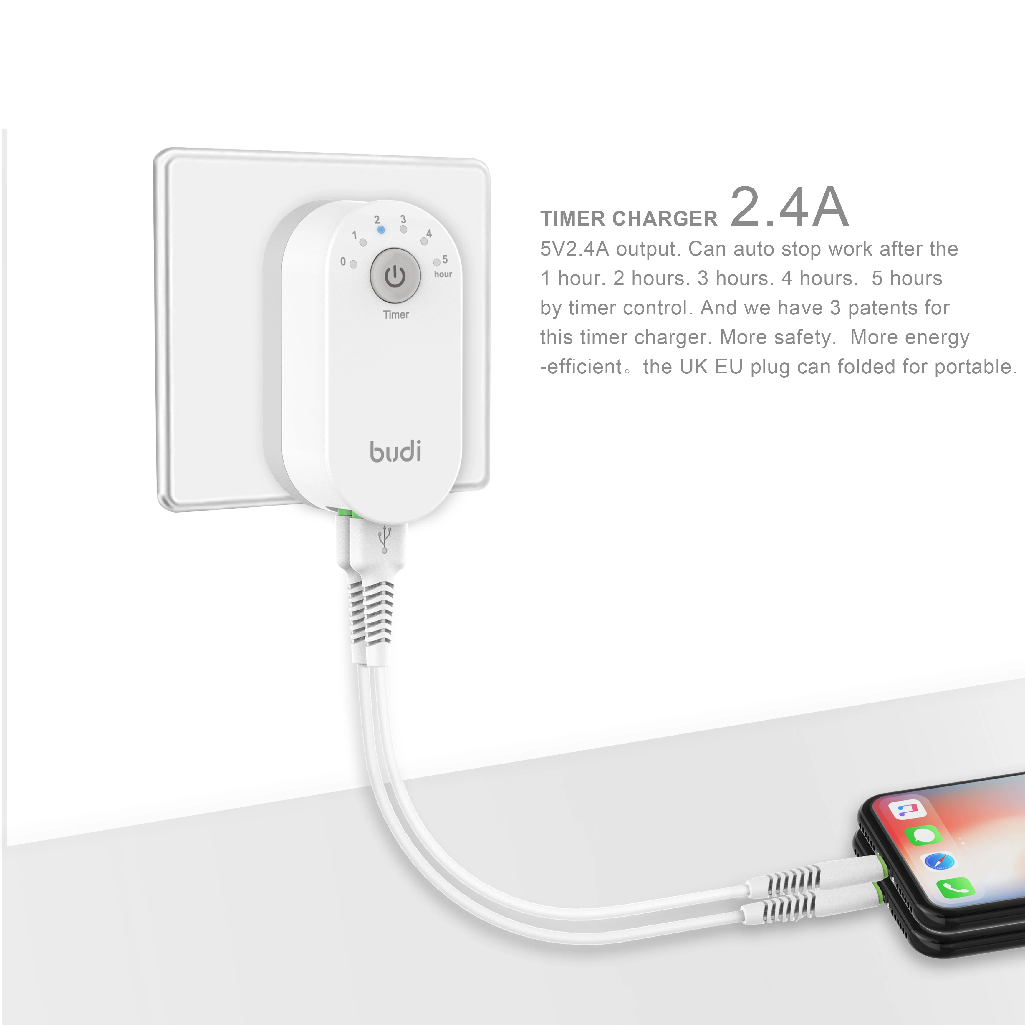 Умный USB-адаптер Budi с таймером складное зарядное устройство вилкой Стандарта EU/UK