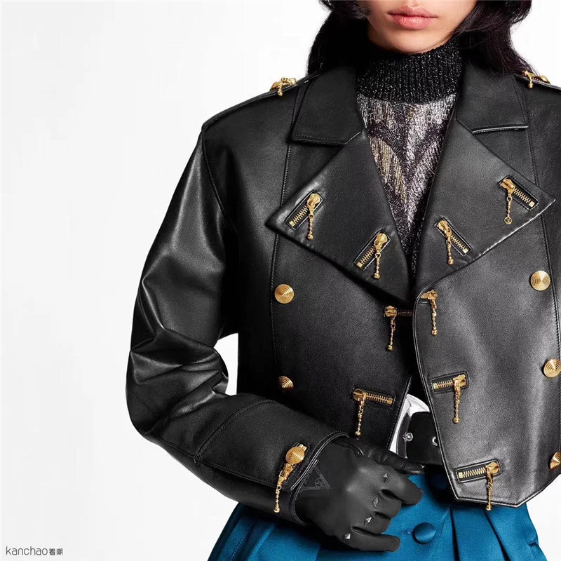 

2022 женские брендовые дизайнерские свободные Куртки из натуральной кожи на пуговицах, мотоциклетные кожаные пальто из натуральной овчины