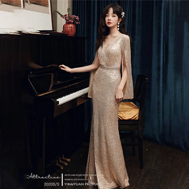 Gold Sequins Evening Dress Zipper Back Floor-length V-Neck Elegant Full Sleeves Mermaid Plus size Women Formal Party Gown C562
Gold Sequins Evening Dress Zipper Back Floor-length V-Neck Elegant Full Sleeves Mermaid Plus size Women Formal Party Gown C562