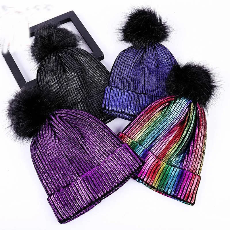 

New Arrival Fashion Sparkly Bronzing Color Hats For Women Girls Gold Silver Pompon Caps Winter Beanies Knit Hats