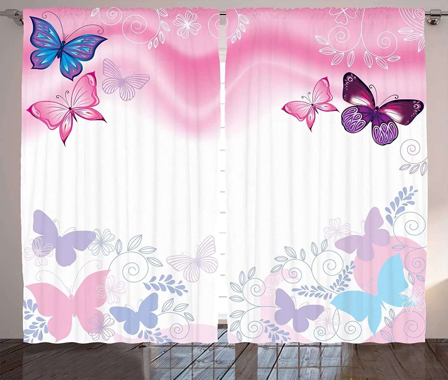 

Princess Curtains Flowers and Butterflies Curly Wavy Leaves Insect Summertime Design Living Room Bedroom Window Drapes Pink