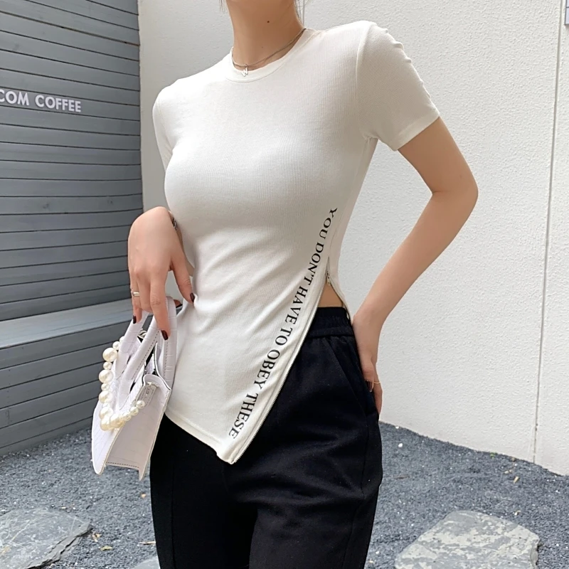 Summer Women O-neck Short Sleeve Cotton T-shirts Tees Girls Solid Slim Split Zipper Irregular Tees T shirts Tops For Female S822
Summer Women O-neck Short Sleeve Cotton T-shirts Tees Girls Solid Slim Split Zipper Irregular Tees T shirts Tops For Female S822