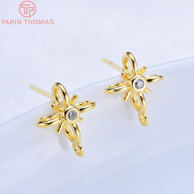 

(165) 6PCS 11x9MM 24K Gold Color Brass with Zircon Flower Stud Earrings High Quality Diy Jewelry Findings Accessories