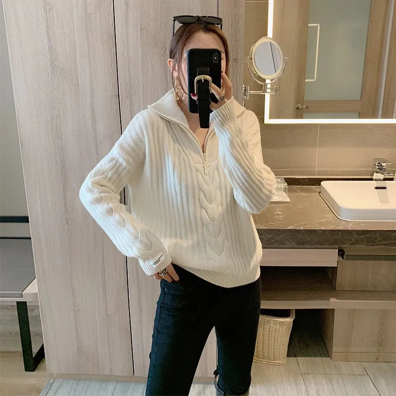 Knitted Basic Sweater Pullover Zipper Turn Down Collar Ribbed Long Sleeves Women Autumn Winter Fashion Casual Warm Soft Tops
Knitted Basic Sweater Pullover Zipper Turn Down Collar Ribbed Long Sleeves Women Autumn Winter Fashion Casual Warm Soft Tops
