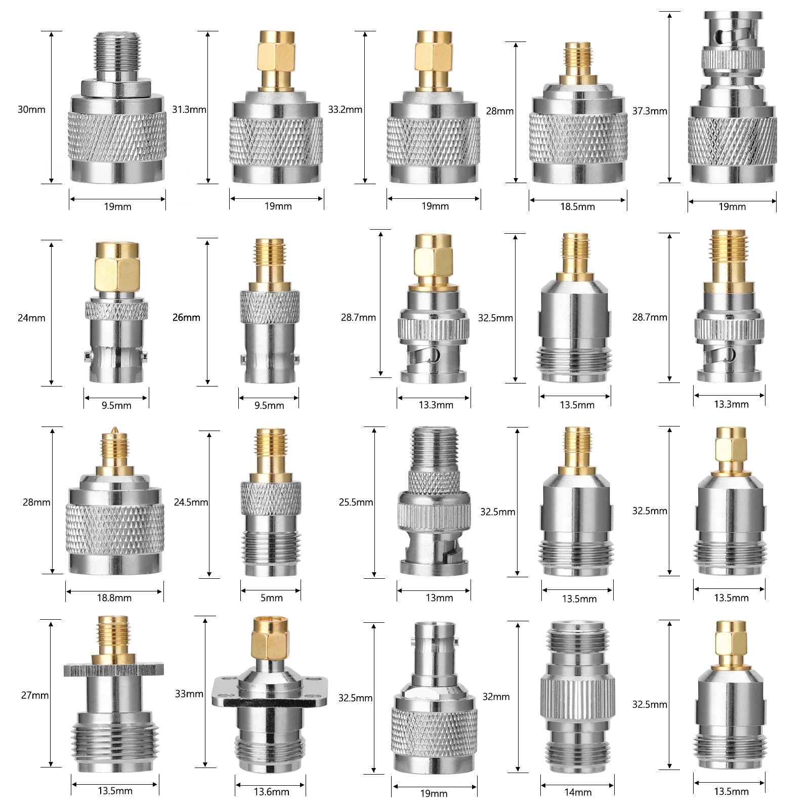 RFN01 RF Testing Tools 20 In 1 Utility Adaptador SMA-J SMA-K Multiple N Type to SMA BNC to SMA TNC to SMA RF Connectors Adapter
RFN01 RF Testing Tools 20 In 1 Utility Adaptador SMA-J SMA-K Multiple N Type to SMA BNC to SMA TNC to SMA RF Connectors Adapter