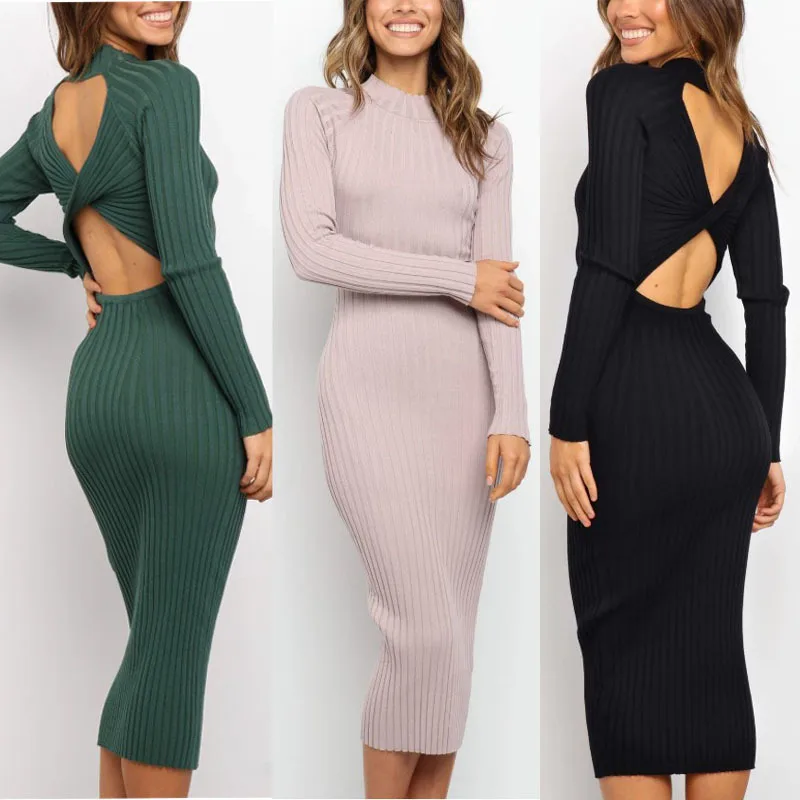 HAOOHU women's dresses winter fashion elegant sexy solid full sleeve o-neck backless tight slim stretch knitted Mid-Calf dress
HAOOHU women's dresses winter fashion elegant sexy solid full sleeve o-neck backless tight slim stretch knitted Mid-Calf dress