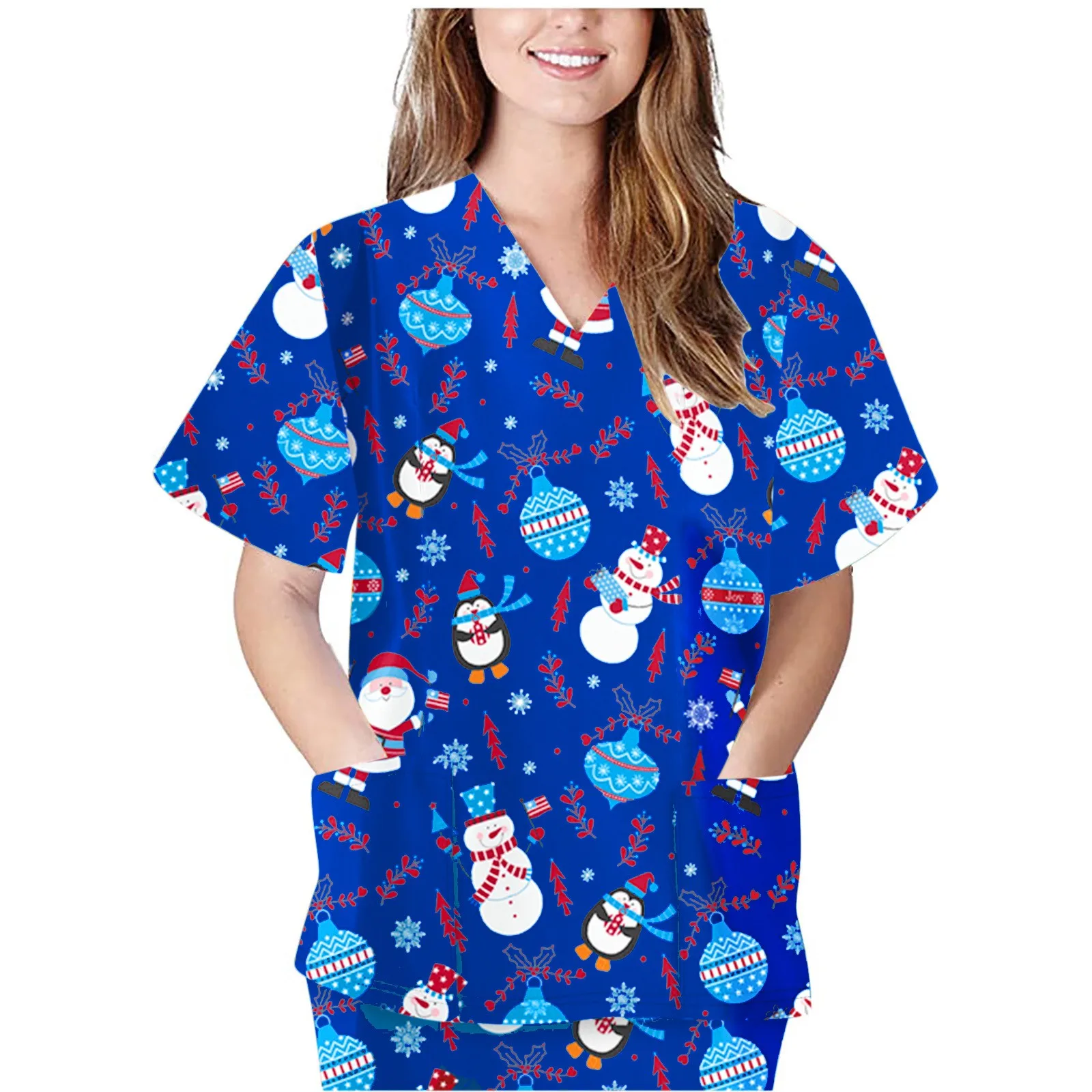 

Рождественская женская форма медсестры, топы с коротким рукавом и V-образным вырезом, Рабочая форма, медицинская блузка с принтом, женские п...