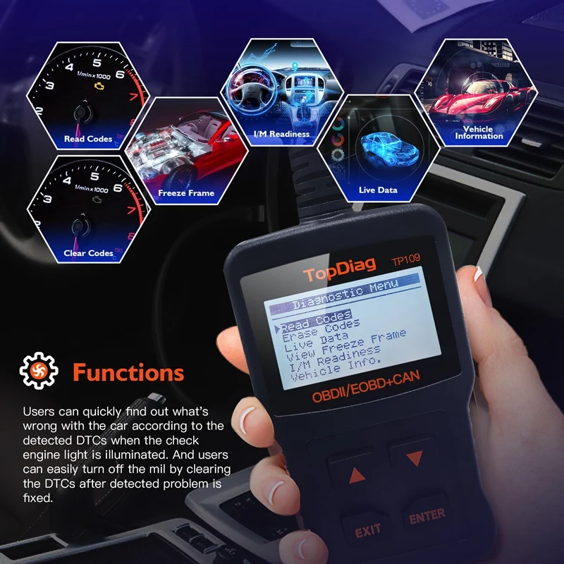 TopDiag TP109 OBD2 Scanner Automotive Engine Code Reader Clear Fault Code Car Diagnostic Tool Multilingual DTC Query
TopDiag TP109 OBD2 Scanner Automotive Engine Code Reader Clear Fault Code Car Diagnostic Tool Multilingual DTC Query