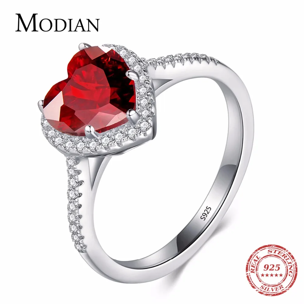 Modian 100% реальные 925 Стерлинговое серебро кольцо с сердцем красного цвета 5A CZ