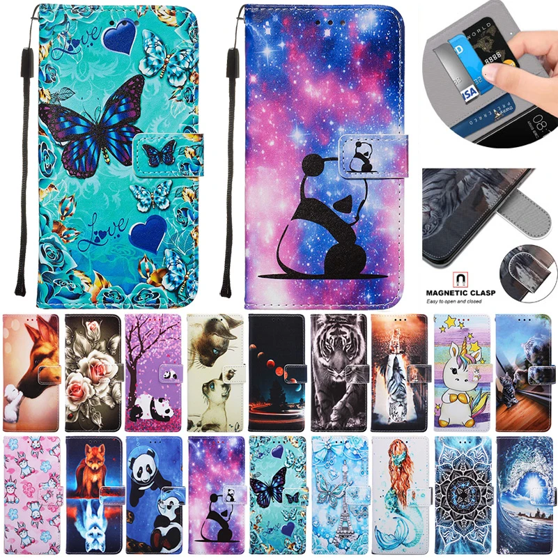 

Leather Case For Samsung Galaxy A10 A20 A30 A40 A50 A70 A30S A50S E Wallet Card Holder Stand Book Cover butterfly panda Painted
