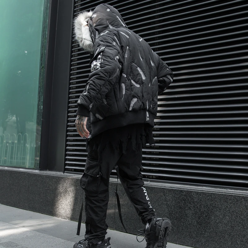 Men feather printed thick warm loose winter jacket with fur collar hip hop parkas man vintage casual coat abrigo hombre
Men feather printed thick warm loose winter jacket with fur collar hip hop parkas man vintage casual coat abrigo hombre