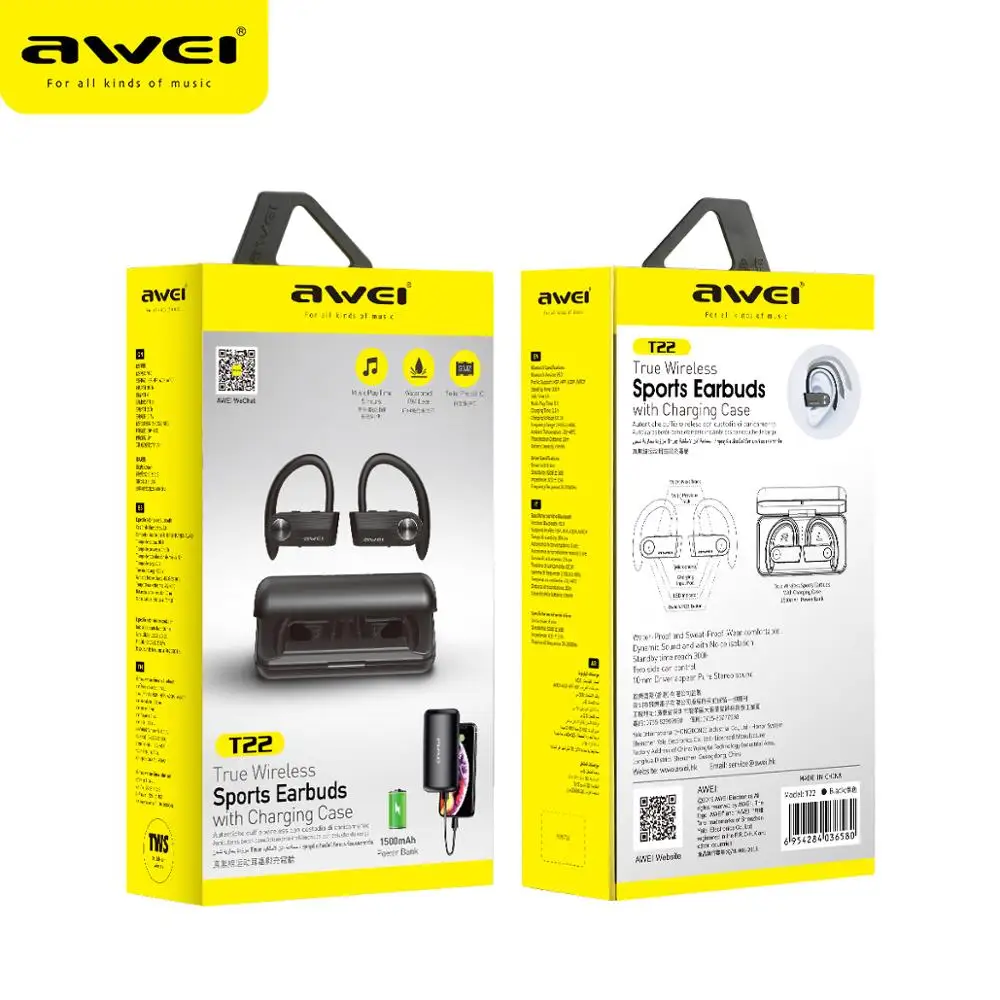 AWEI T22 TWS Headphones True Wireless Earphones Sport Bluetooth-compatible Earbuds IPX4 Waterproof Headset With Charging Case
AWEI T22 TWS Headphones True Wireless Earphones Sport Bluetooth-compatible Earbuds IPX4 Waterproof Headset With Charging Case