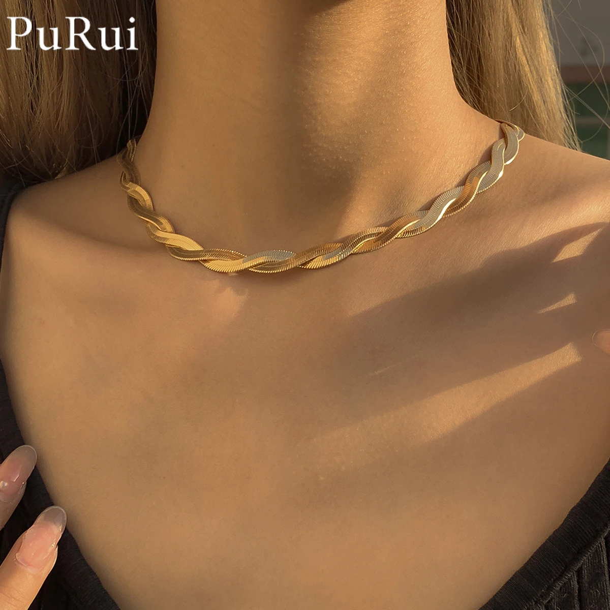 

Bohemian Weave Snake Chain Gold Color Choker Necklace for Women Thin Chain on The Neck Sexy Flat Blade Chain Clavicle Jewelry