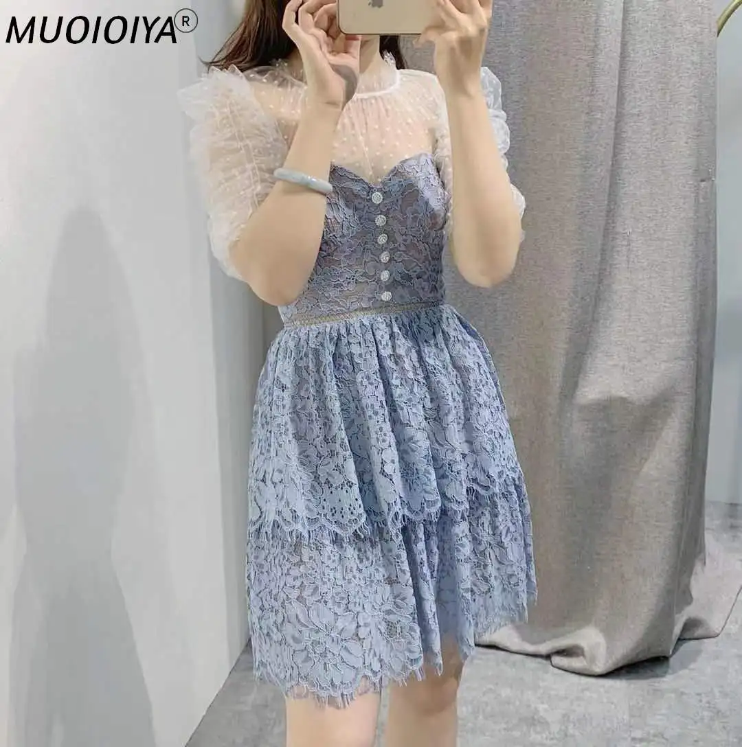 2021 New Women Lace Stitching Mini Dress Ladies Slim Flying Sleeve A-Line Multi Layered Trim Short Dress with Buttons
2021 New Women Lace Stitching Mini Dress Ladies Slim Flying Sleeve A-Line Multi Layered Trim Short Dress with Buttons
