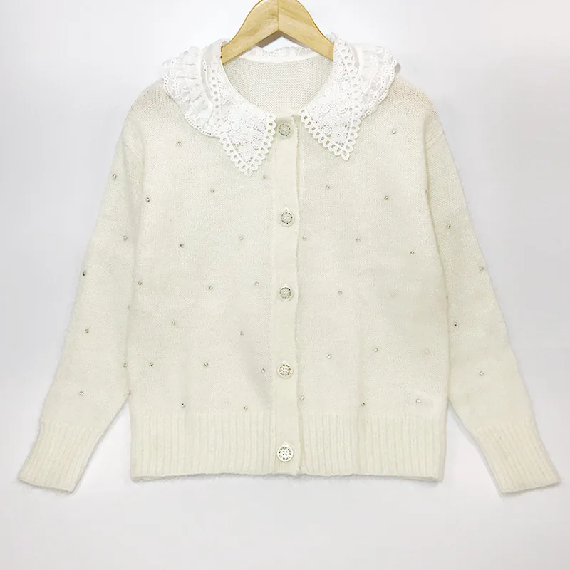 Doll Collar Mohair Sweater White Singl Breasted Coat Women Fall Winter Lace Rhinestone Luxury Wool Loose Long-Sleeved Cardigans
Doll Collar Mohair Sweater White Singl Breasted Coat Women Fall Winter Lace Rhinestone Luxury Wool Loose Long-Sleeved Cardigans