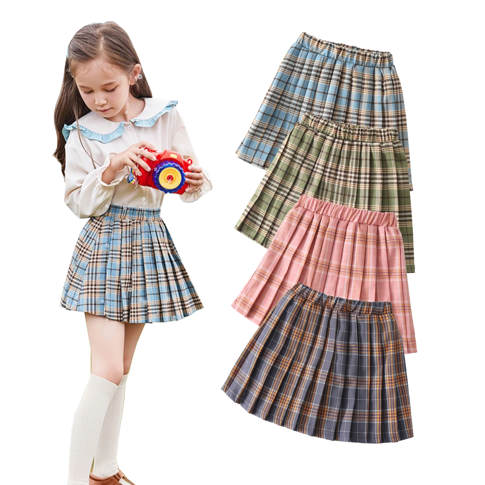 2020 New Fashion Kids Baby Girls Plaid Skirt Summer Fall Print Pleated Versatile Stretchy Waist Flared Mini Skater | Мать и ребенок