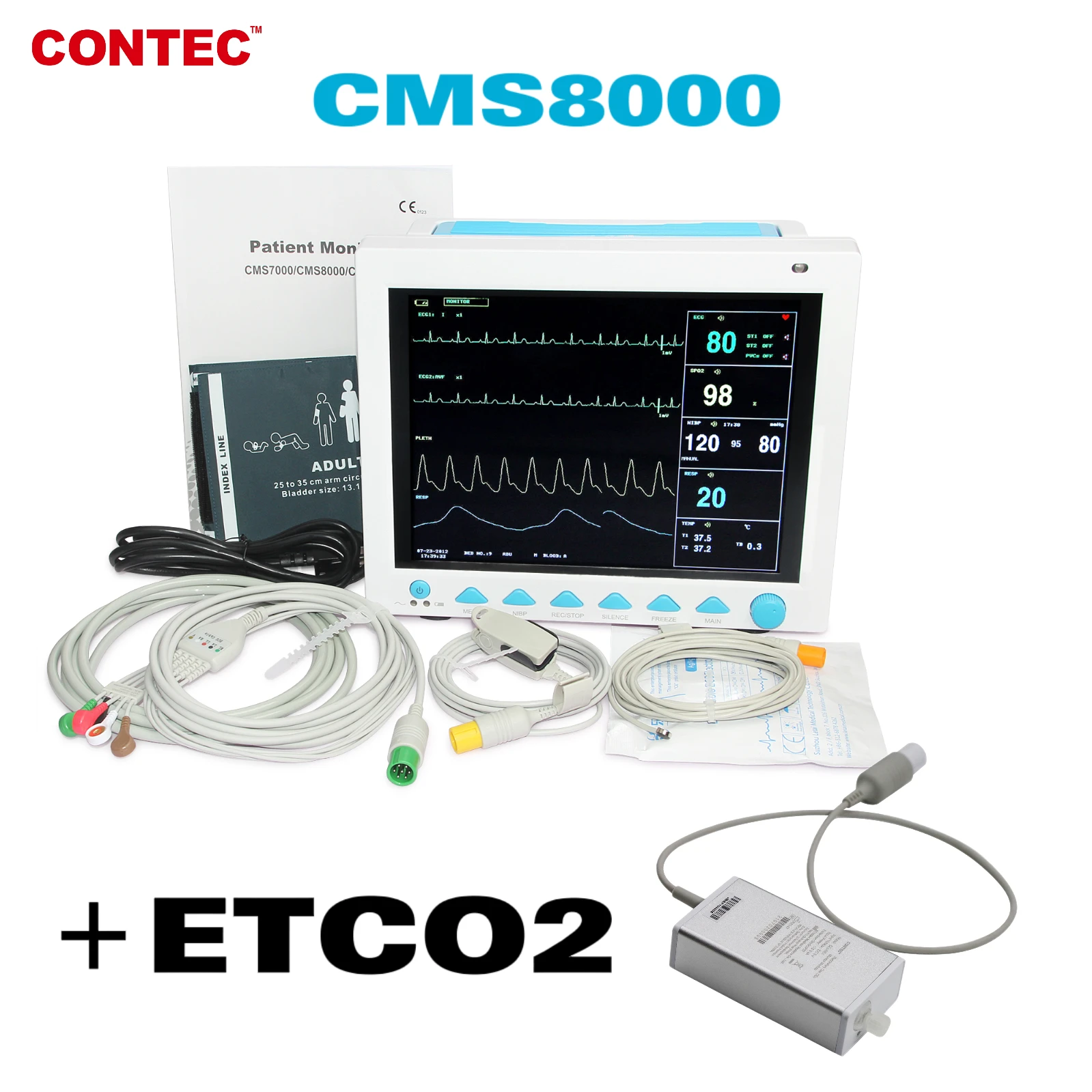 CONTEC CMS8000 с Capnograph CO2 Монитор пациента + ETCO2 жизненно важные признаки 7 параметров
CONTEC CMS8000 с Capnograph CO2 Монитор пациента + ETCO2 жизненно важные признаки 7 параметров