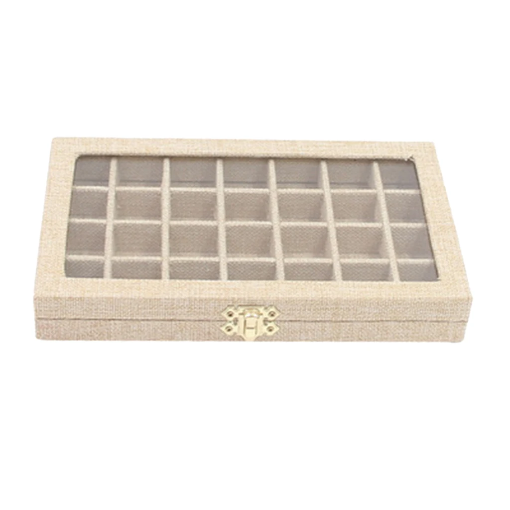 Коробка для хранения ювелирных изделий с прозрачной крышкой и тканью (28 сеток