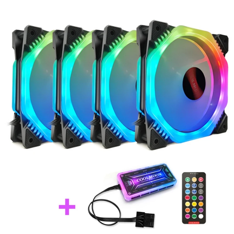 

Coolmoon 4PCS Cooling Fan 12cm Multilayer Backlit RGB CPU Cooling Fan PC Heatsink With RF Wireless Remote Control for Desktop PC
