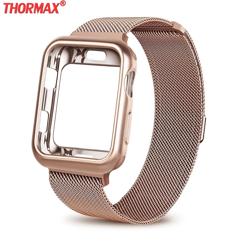 Миланская петля + чехол для Apple Watch 5 40 мм 44 38 42 браслет из нержавеющей стали ремешок