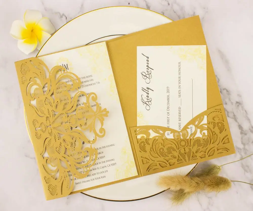 50X Dark Gold Tri 3 fold Wedding invitations pearl paper Laser cut Pocket Wedding Invite Invitation Card 3D with envelopes rsvp
50X Dark Gold Tri 3 fold Wedding invitations pearl paper Laser cut Pocket Wedding Invite Invitation Card 3D with envelopes rsvp