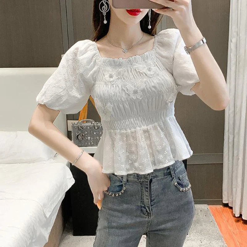 Summer Korean Style Chic Female White Sweet Square Collar Ruffles Puff Sleeve Retro Elastic Pleated Slim Shirt Women Crop Tops
Summer Korean Style Chic Female White Sweet Square Collar Ruffles Puff Sleeve Retro Elastic Pleated Slim Shirt Women Crop Tops