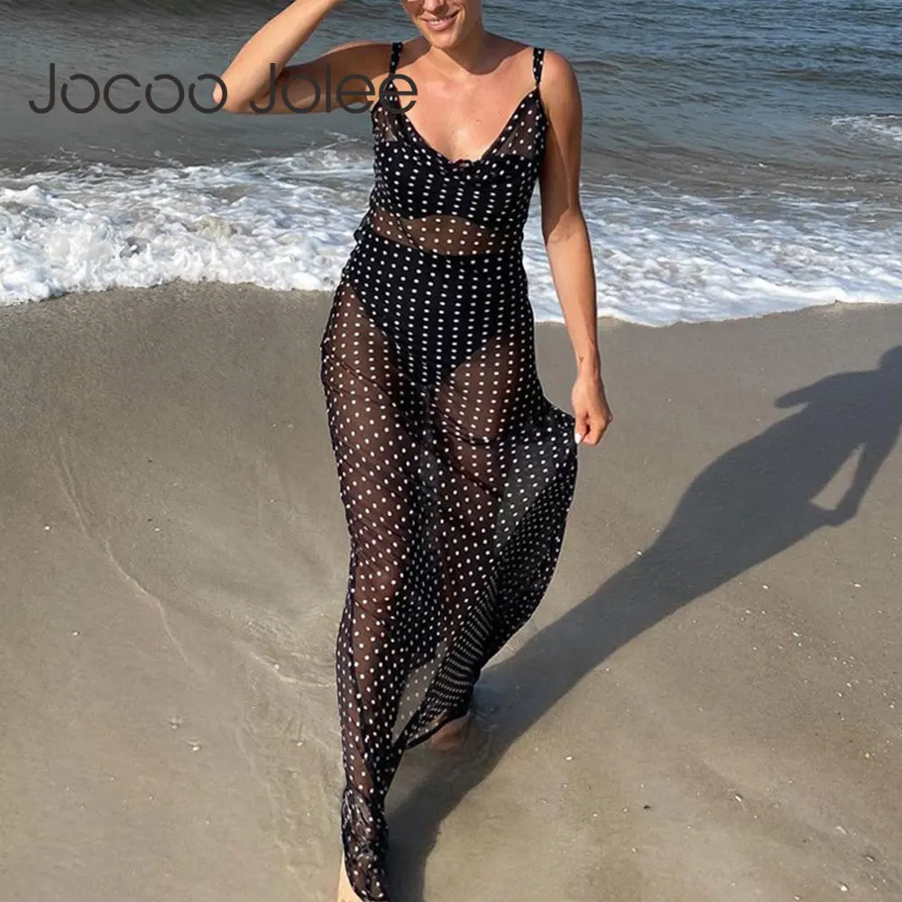 Jocoo Jolee Sexy Spaghetti Strap V Neck Polka Dot Mesh Perspective Long Dress 2021 Summer Elegant Backless Lace Up Beach Dress
Jocoo Jolee Sexy Spaghetti Strap V Neck Polka Dot Mesh Perspective Long Dress 2021 Summer Elegant Backless Lace Up Beach Dress