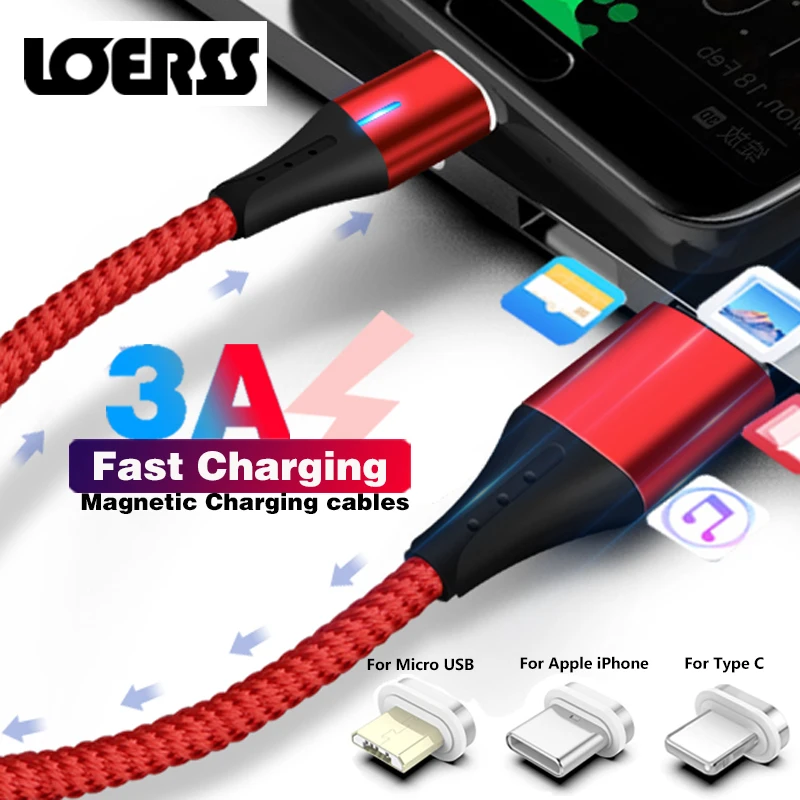 Магнитный кабель LOERSS 3A Micro usb type C Lightning для быстрой зарядки телефона магнитное