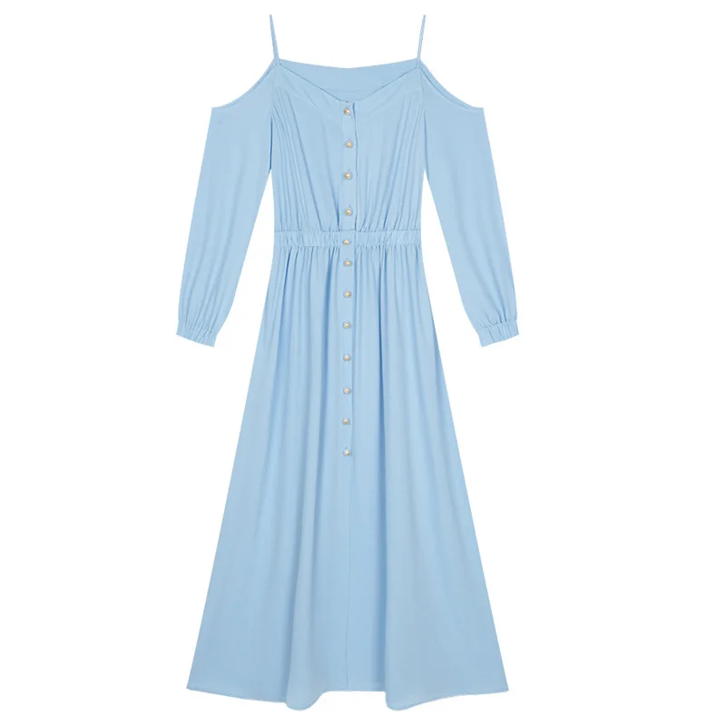 Летнее синее Макси-Платье на бретельках с открытыми плечами, V-образным вырезом, пуговицами спереди, открытой спиной и длинными рукавами
Летнее синее Макси-Платье на бретельках с открытыми плечами, V-образным вырезом, пуговицами спереди, открытой спиной и длинными рукавами