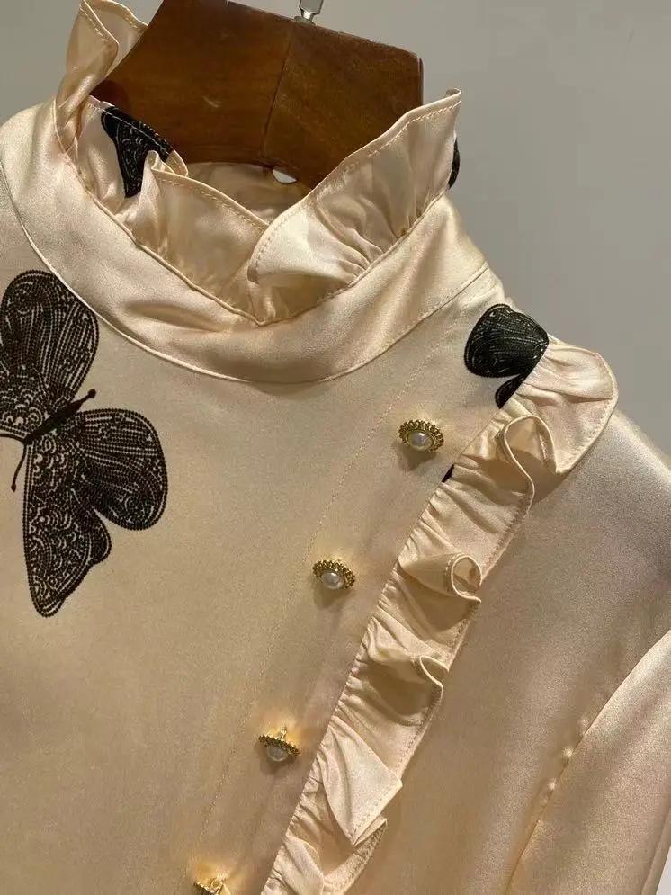 100% TWILL SILK Shirts 2021 Summer Runway Fashion Butterfly Print Ruffles Casual Ladies Party Elegant Blouse
100% TWILL SILK Shirts 2021 Summer Runway Fashion Butterfly Print Ruffles Casual Ladies Party Elegant Blouse