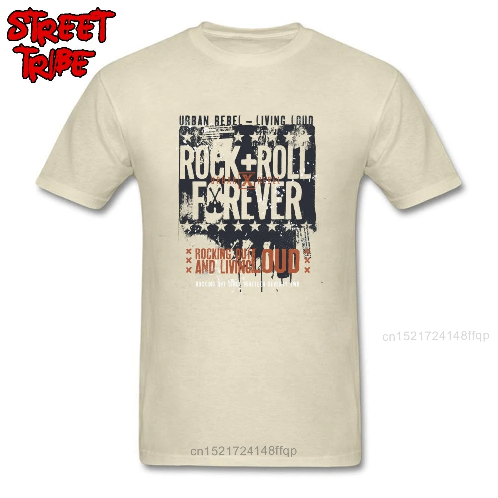 

Rock n Roll T-shirt Men Vintage Letter Tshirt Urban Rebel Funky Clothing Cotton Fabric Beige Tops Slim Fit Guys Tees Crew Neck