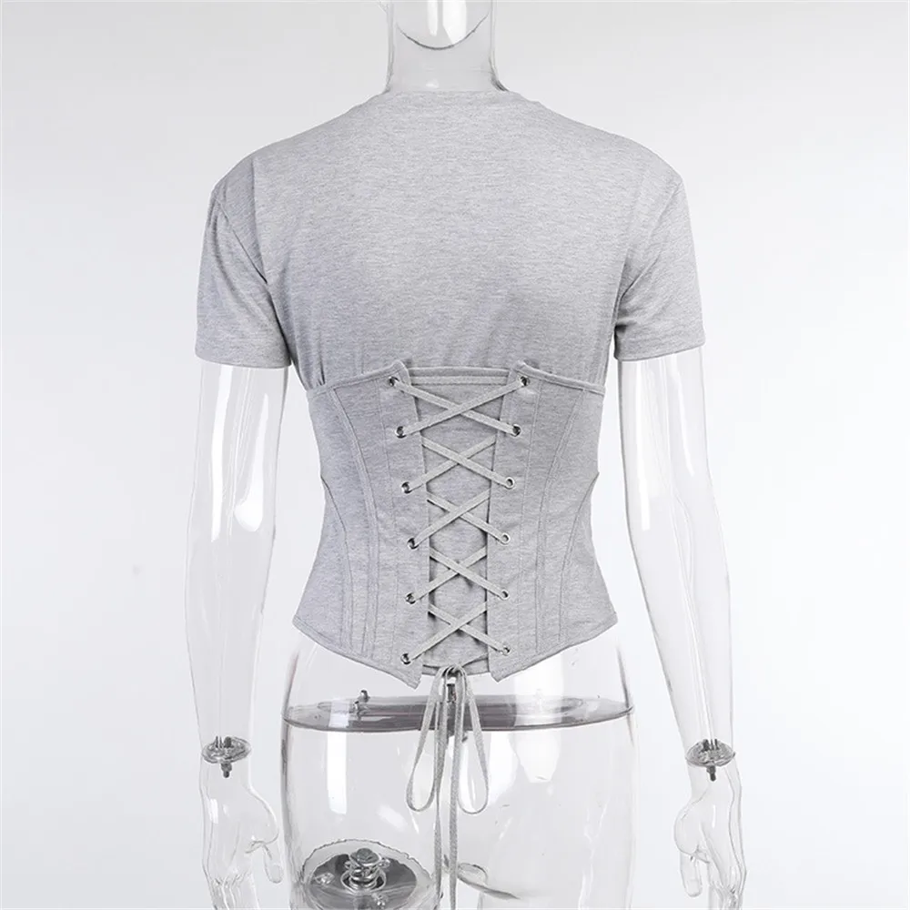 Gray Asymmetric Corset T Shirts Women 2021 Short Sleeve Lace Up O Neck Ladies Summer Clothes Casual Slim Tops And Pullovers