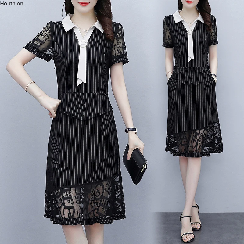 Chiffon Slim Women's Dress New Casual Fashion Dresses V-neck Mid-length Lace Short Sleeves Stripe Summer Houthion A-LINE
Chiffon Slim Women's Dress New Casual Fashion Dresses V-neck Mid-length Lace Short Sleeves Stripe Summer Houthion A-LINE