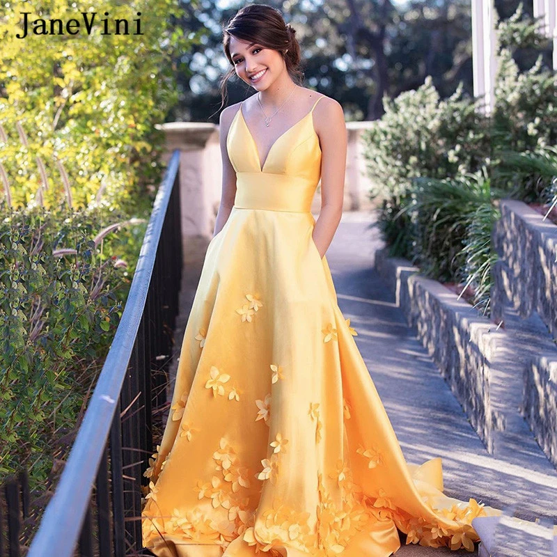 JaneVini Elegant Satin Yellow Long Prom Dresses Spaghetti Straps 3D Flowers Backless A Line Sweep Train Formal Women Party Gowns
JaneVini Elegant Satin Yellow Long Prom Dresses Spaghetti Straps 3D Flowers Backless A Line Sweep Train Formal Women Party Gowns